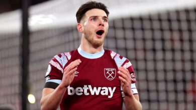 Arsenal target Declan Rice reacts during the Premier League match between West Ham United and Everton FC at London Stadium on January 21, 2023 in London, England.