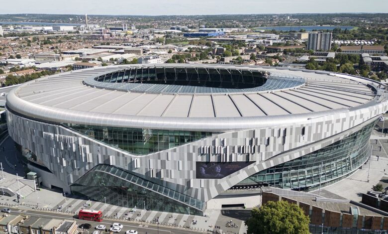 Tottenham Hotspur Stadium as a tribute to Queen Elizabeth II is displayed prior to the Premier League match between Tottenham Hotspur and Leicester City at Tottenham Hotspur Stadium on September 17, 2022 in London, England.