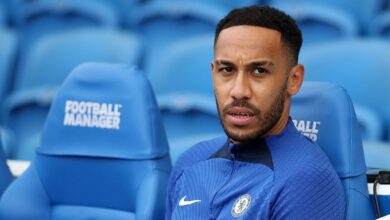 Chelsea star Pierre-Emerick Aubameyang looks on prior to the Premier League match between Brighton & Hove Albion and Chelsea FC at American Express Community Stadium on October 29, 2022 in Brighton, England.