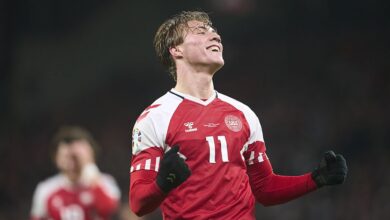Arsenal target Rasmus Hojlund of Denmark celebrates after scoring their third goal during the UEFA EURO 2024 qualifier match between Denmark and Finland at Parken on March 23, 2023 in Copenhagen, Denmark.