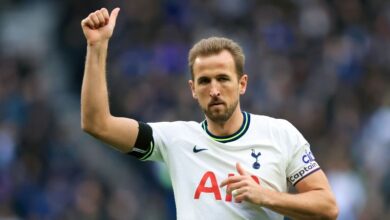 Manchester United target and Tottenham striker Harry Kane after scoring in the FA Cup against Portsmouth in January 2023.