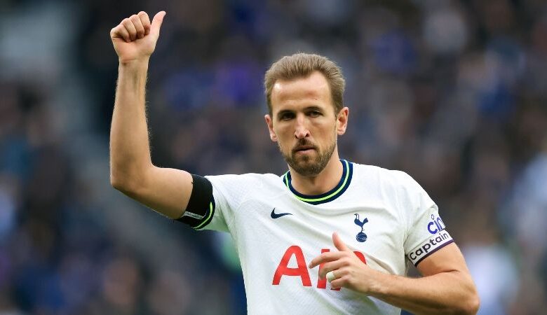 Manchester United target and Tottenham striker Harry Kane after scoring in the FA Cup against Portsmouth in January 2023.