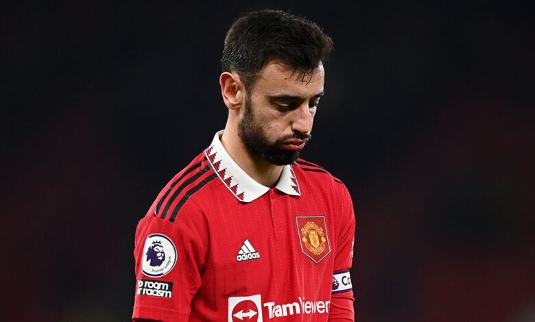 Manchester United star Bruno Fernandes looks dejected after the Premier League match between Manchester United and Leeds United at Old Trafford on February 08, 2023 in Manchester, England.