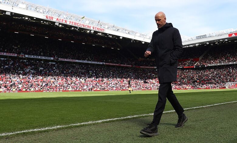 Manchester United manager Erik ten Hag walks off at halftime during the Premier League match between Manchester United and Everton FC at Old Trafford on April 08, 2023 in Manchester, England.