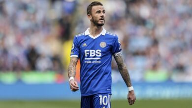 Tottenham target James Maddison of Leicester City during the Premier League match between Leicester City and AFC Bournemouth at The King Power Stadium on April 08, 2023 in Leicester, England