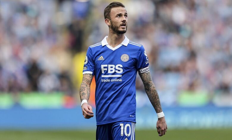 Tottenham target James Maddison of Leicester City during the Premier League match between Leicester City and AFC Bournemouth at The King Power Stadium on April 08, 2023 in Leicester, England