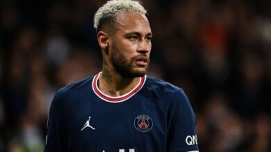 Neymar of Paris Saint-Germain looks on during the UEFA Champions League Round Of Sixteen Leg Two match between Real Madrid and Paris Saint-Germain at Estadio Santiago Bernabeu on March 09, 2022 in Madrid, Spain.