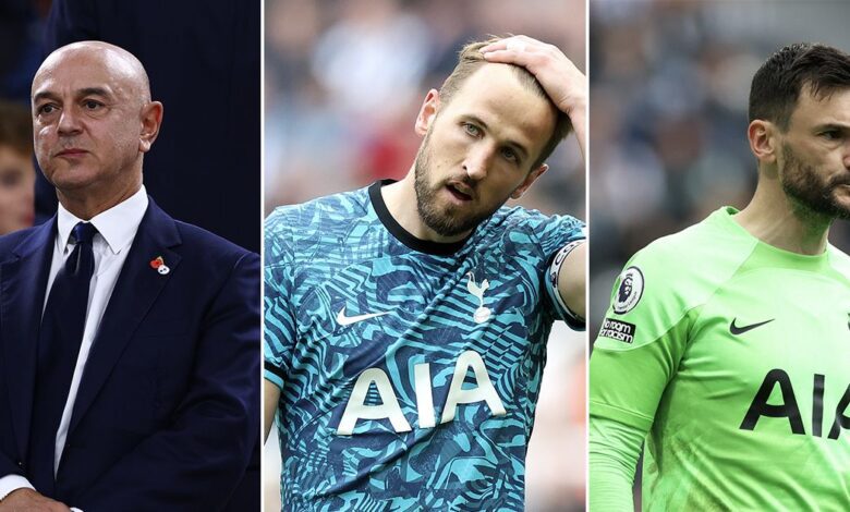 Tottenham Hotspur chairman Daniel Levy (L), all-time record scorer Harry Kane (C) and captain Hugo Lloris (R)