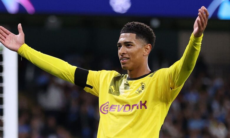 Manchester City and Liverpool target Jude Bellingham of Borussia Dortmund celebrates after scoring their sides first goal during the UEFA Champions League group G match between Manchester City and Borussia Dortmund at Etihad Stadium on September 14, 2022 in Manchester, England.