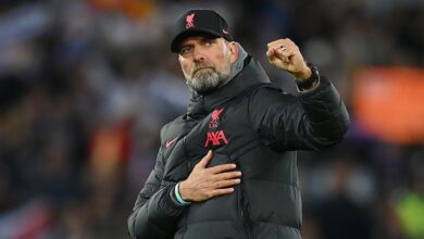 Liverpool manager Jurgen Klopp salutes the fans after the UEFA Champions League round of 16 leg one match between Liverpool FC and Real Madrid at Anfield on February 21, 2023 in Liverpool, England.