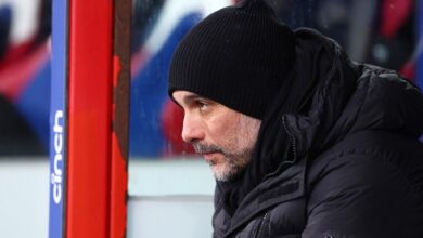 Manchester City manager Pep Guardiola watches his side against Crystal Palace at Selhurst Park in the Premier League