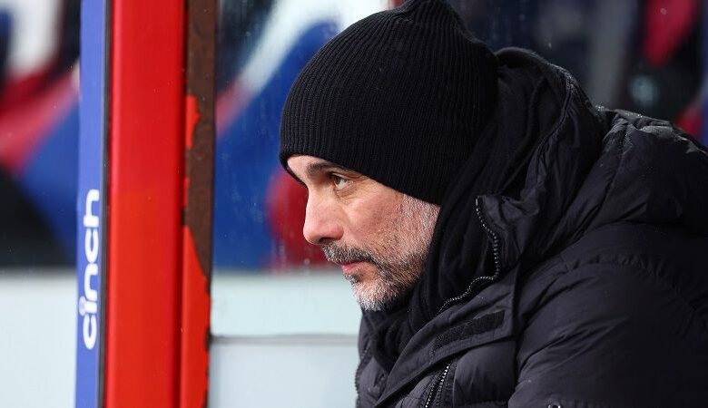 Manchester City manager Pep Guardiola watches his side against Crystal Palace at Selhurst Park in the Premier League