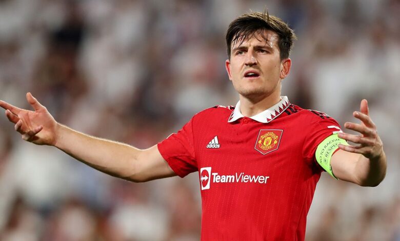 Manchester United captain Harry Maguire reacts during the UEFA Europa League Quarterfinal Second Leg match between Sevilla FC and Manchester United at Estadio Ramon Sanchez Pizjuan on April 20, 2023 in Seville, Spain.