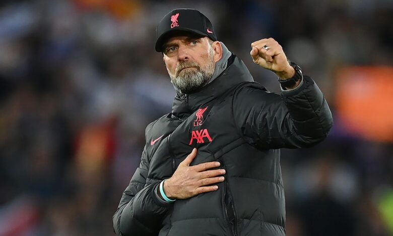 Liverpool manager Jurgen Klopp salutes the fans after the UEFA Champions League round of 16 leg one match between Liverpool FC and Real Madrid at Anfield on February 21, 2023 in Liverpool, England.