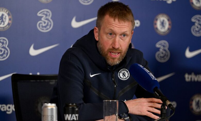 Chelsea head coach Graham Potter speaks during a press conference at the club