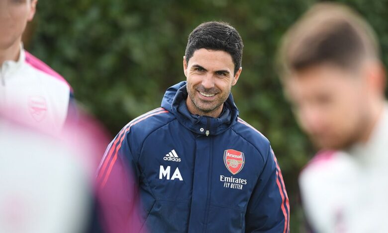 Arsenal manager Mikel Arteta during a training session at London Colney on April 11, 2023 in St Albans, England.