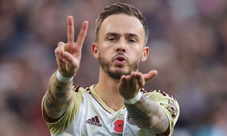 Manchester United target James Maddison of Leicester City holds up two fingers and blows a kiss as he celebrates scoring the opening goal during the Premier League match between West Ham United and Leicester City at London Stadium on November 12, 2022 in London, United Kingdom.