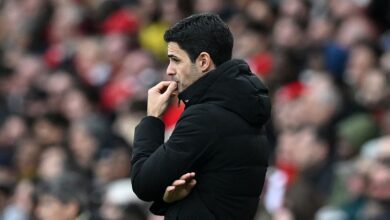 Arsenal manager Mikel Arteta looks on during the English Premier League football match between Arsenal and Leeds United at the Emirates Stadium in London on April 1, 2023.