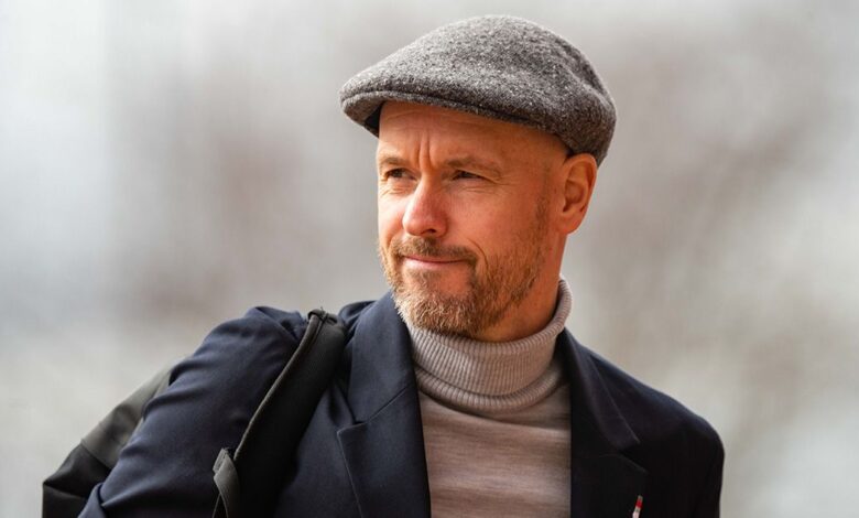 Manchester United manager Erik ten Hag arrives ahead of the Emirates FA Cup Quarter Final match between Manchester United and Fulham at Old Trafford on March 19, 2023 in Manchester, England.