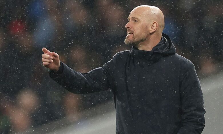 Manchester United manager Erik ten Hag gives the team instructions during the Premier League match between Tottenham Hotspur and Manchester United at Tottenham Hotspur Stadium on April 27, 2023 in London, England.