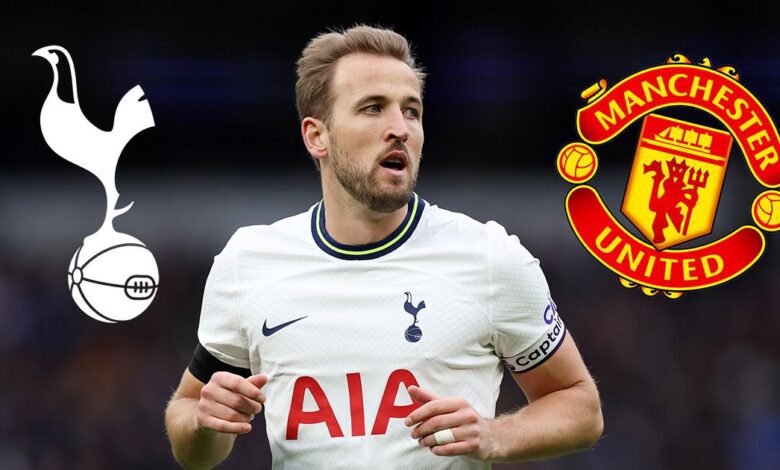 Harry Kane of Tottenham Hotspur, a target for Manchester United, looks on during the Emirates FA Cup Third Round match between Tottenham Hotspur and Portsmouth FC at Tottenham Hotspur Stadium on January 07, 2023 in London, England.