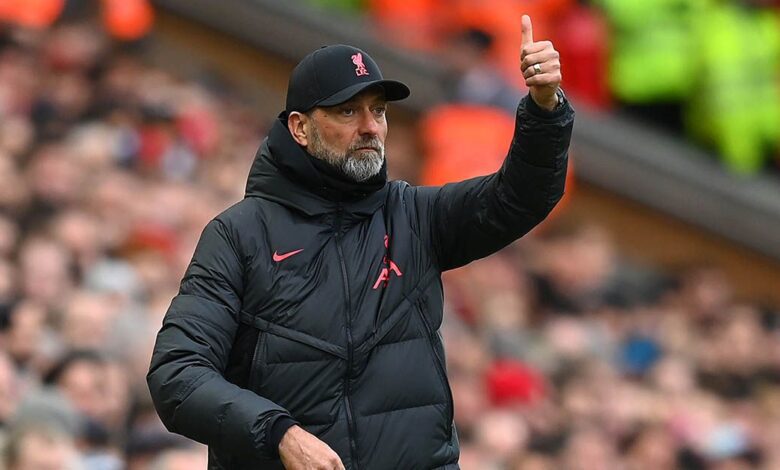 Liverpool manager Jurgen Klopp reacts during the Premier League match between Liverpool FC and Manchester United at Anfield on March 05, 2023 in Liverpool, England.