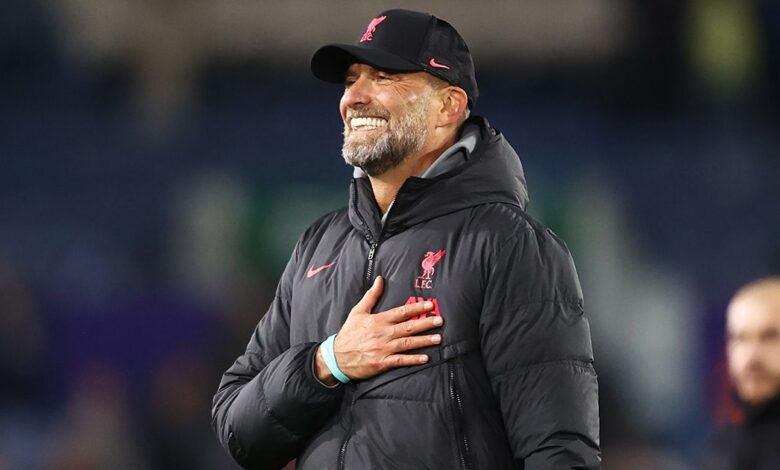 Liverpool manager Jurgen Klopp celebrates victory following the Premier League match between Leeds United and Liverpool FC at Elland Road on April 17, 2023 in Leeds, England.