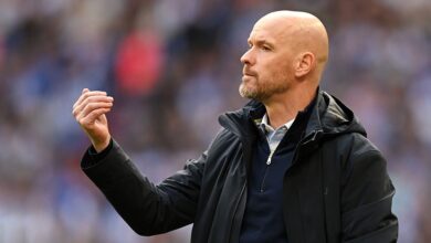 Manchester United manager Erik ten Hag reacts during the Emirates FA Cup Semi Final match between Brighton & Hove Albion and Manchester United at Wembley Stadium on April 23, 2023 in London, England.