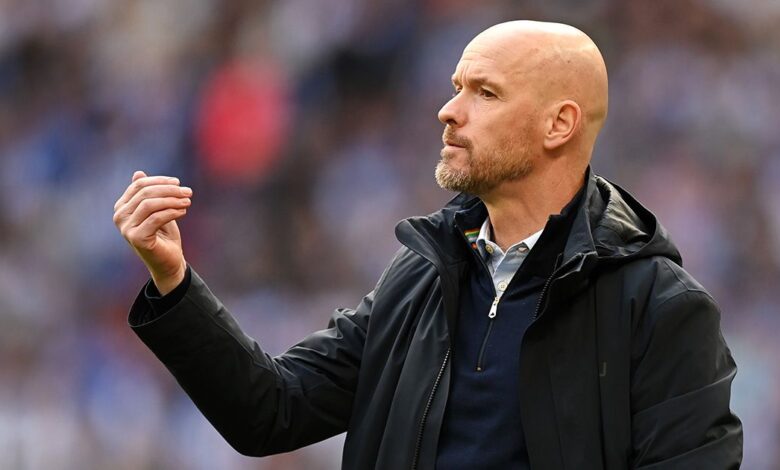 Manchester United manager Erik ten Hag reacts during the Emirates FA Cup Semi Final match between Brighton & Hove Albion and Manchester United at Wembley Stadium on April 23, 2023 in London, England.