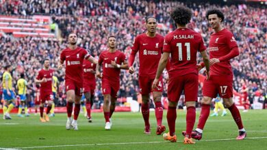 Liverpool celebrates after scoring the third goal during the Premier League match between Liverpool FC and Nottingham Forest at Anfield on April 22, 2023 in Liverpool, England.