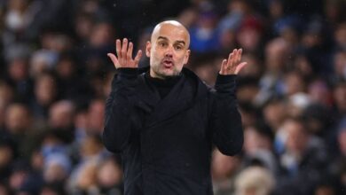 Manchester City manager Pep Guardiola on the touchline against Manchester United