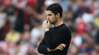 Arsenal manager Mikel Arteta reacts during the Premier League match between Arsenal FC and Brighton & Hove Albion at Emirates Stadium on May 14, 2023 in London, England.