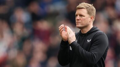 Newcastle United manager Eddie Howe applauds the fans after the team