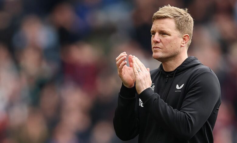 Newcastle United manager Eddie Howe applauds the fans after the team