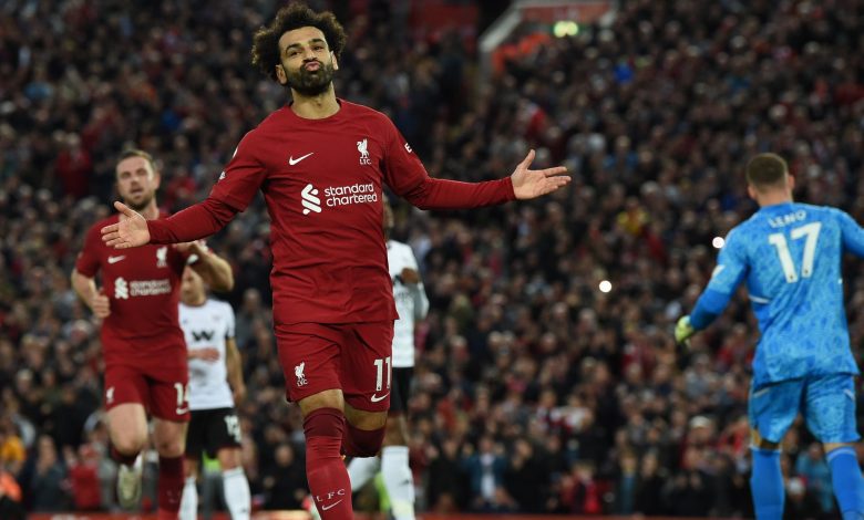 احتفال محمد صلاح بتسجيل هدف ليفربول أمام فولهام