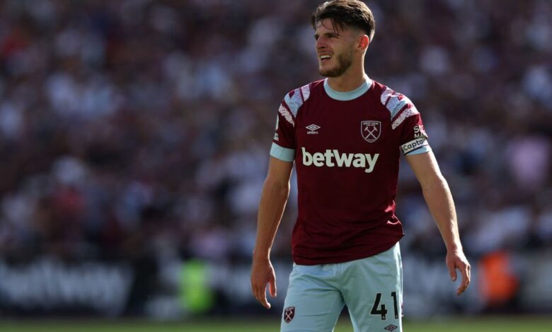 Declan Rice of West Ham during the Premier League match between West Ham United and Manchester City at London Stadium on August 07, 2022 in London, England.