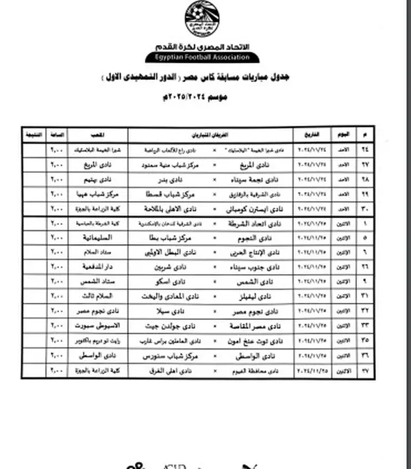 جدول مواعيد الدور التمهيدي في كأس مصر